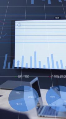 Animation of financial data processing over diverse business people working in office. Global business, finances, computing and data processing concept digitally generated video.