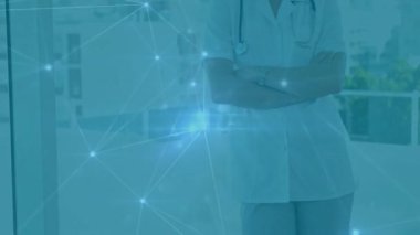 Doktor izleme şebekesi, dijital sağlık bağlantıları için steteskopu vurgulayan bir atım ağı oluşturuyor. Sağlık, teknoloji, yenilik, profesyonellik, fütürizm, bağlantı, iletişim