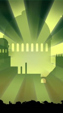 Yeşil arka planda, şehir manzarasında develer üzerinde üç bilge adamın siluetinin canlandırılması. Noel, kutlama ve gelenek konsepti dijital olarak oluşturulmuş video.