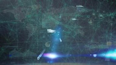 Grafikler oluşturulup simgeler göründükçe görüntülemek için veri sütunu oluşturan mavi parlama. Teknoloji, bağlantı, dijital, yenilik, analitik, siber güvenlik, yapay zeka