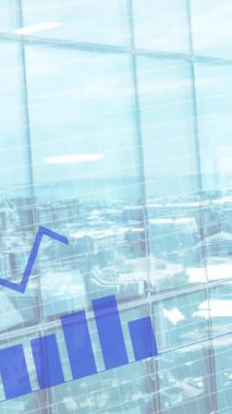 Animation of financial data processing over cityscape. Global business, finances, computing and data processing concept digitally generated video.