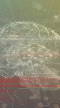 Bağlantılar ve beyin üzerindeki veri işleme animasyonları. Dijital olarak oluşturulmuş küresel bağlantılar, iş, finans, bilgisayar ve veri işleme kavramı.