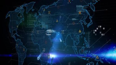Uyarı üçgenlerinin altını çizerek kod çizgileri olarak neon-mavi dünya haritasına genişleyen ana hat. Teknoloji, veri görselleştirme, dijital arayüz, siber güvenlik, küresel ağ, fütüristik, soyut