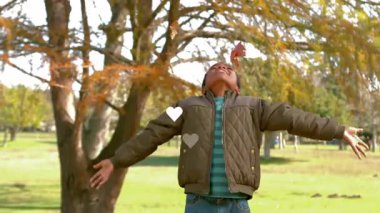 Parkta sonbahar yaprakları tutan çocuk kollarını kaldırıyor ve mevsimlik pazarlama için yapraklarını salıyor. Doğa, çocukluk, neşe, eğlence, canlı, açık hava, oyuncu