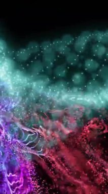 Renkli parçacıklar soyut şekiller oluşturarak karanlık arkaplan üzerinde dinamik animasyonlar yaratıyorlar. dijital, enerji, canlı, hareket, geleceksel, görsel efektler