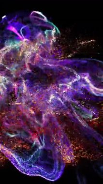 Çok renkli noktaların animasyonu siyah arkaplana karşı dinamik dalgalar oluşturuyor. Dijital olarak üretilmiş, hologram, illüstrasyon, aydınlatılmış, veri, bağlantı, parçacıklar, geleceksel, teknoloji.