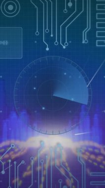 Mavi arka plandaki 3dcity modeline karşı veri işleme ile dijital arayüz. bilgisayar arayüzü ve teknoloji kavramı