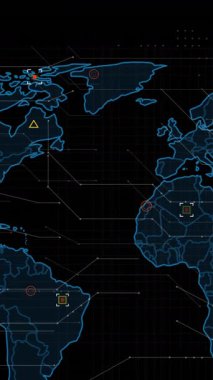 Dünya haritasında finansal veri işleme animasyonu. Küresel finans, iş, bağlantılar, hesaplama ve veri işleme kavramı dijital olarak oluşturulmuş video.