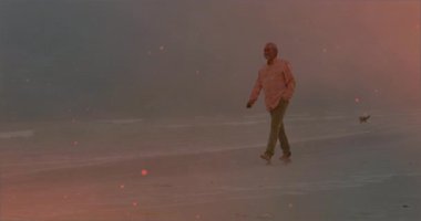 Kıdemli adam gün batımında ıslak kuma basıyor, köpek kuyruğuyla sağlık yürüyüşüne başlıyor, dalgalar havada uçuşuyor. Deniz kenarı, dinlenme, dinginlik, farkındalık, rıhtım, tefekkür, sükunet.