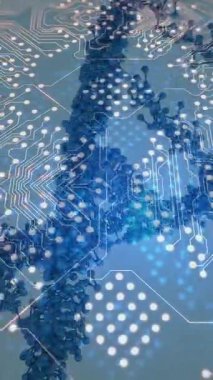 Mavi arka plandaki bilgisayar devre kartının üzerindeki DNA iplikçiklerinin animasyonu. Küresel iş, bilgisayar ve dijital arayüz kavramı dijital olarak oluşturulmuş video.