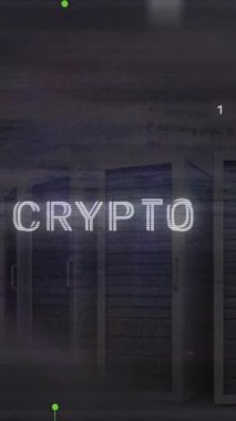 Şifreli metin animasyonu, ikili kodlar, veri sunucu rafları üzerinde bilgisayar dili. Dijital bileşik, çoklu pozlama, para birimi, bilgisayar dili, veri merkezi, ağ ve teknoloji kavramı.