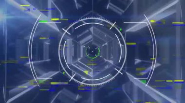 Holografik HUD çöküyor sonra verileri taramak için altıgen tünel boyunca dönüyor ve arızalanıyor. Fütürist, sanal, teknoloji, bilim kurgu, dijital, arayüz, soyut