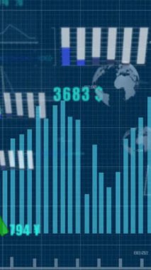 Mavi arkaplan ile ızgara ağı üzerinden istatistiksel veri işleme animasyonu. Bilgisayar arayüzü ve iş veri teknolojisi kavramı