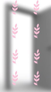 Açık kapının üzerine düşen pembe yaprakların animasyonu. Desen, renk, arkaplan konsepti dijital olarak oluşturulmuş video.