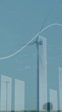 Animation of statistical data processing against spinning windmills against blue sky. Renewable energy and business data technology concept