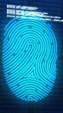 Karanlık arka planda biyometrik parmak izi üzerinde veri işleme animasyonu. Küresel siber güvenlik, çevrimiçi kimlik, bağlantılar, hesaplama ve veri işleme kavramı dijital olarak oluşturulmuş video.