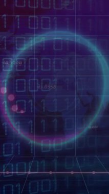 Bağlantılar ve ikili kodlama veri işleme animasyonu. Dijital olarak oluşturulan küresel ağlar, hesaplama ve veri işleme kavramı.