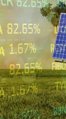 Hareket halindeki ticaret tahtasının üzerinde güneş panelinin çimenli alandaki animasyonu. Dijital bileşik, çoklu maruz kalma, borsa, yatırım, doğa, güneş enerjisi, elektrik, yeşil teknoloji, sürdürülebilirlik.