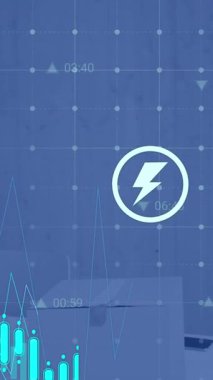 Animation of digital icons and financial data processing against computer on office desk. Global finance and business technology concept