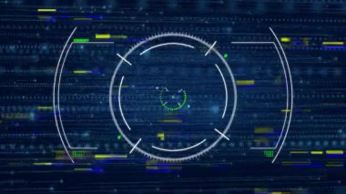 Matris kod arkaplanı kaydırma, merkezi HUD parçacığı ortaya çıkıyor, dönüyor, nabız atıyor ve veri tarıyor. Gelecekçi, dijital, arayüz, teknoloji, siber güvenlik, animasyon