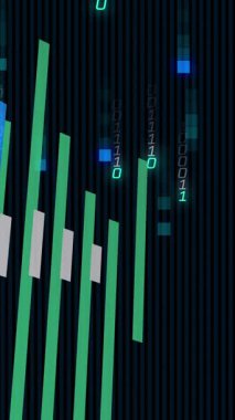 Finansal veri işleme ve siyah arkaplan üzerinde ikili kodlama animasyonu. Küresel iş, finans, dijital arayüz, hesaplama ve veri işleme kavramı dijital olarak oluşturulmuş video.