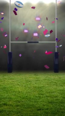 Stadyuma Arjantin bayrağı düşen ragbi toplarının üzerindeki konfeti animasyonu. spor ve sosyal medya konsepti dijital olarak oluşturulmuş video.