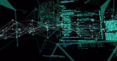 Kod panelleri görselleştiren veri akış ağını birleştirirken parlayan düğümler titreşmeye ve dönmeye başlar. Teknoloji, siber uzay, veri, bağlantı, dijital, fütüristik, soyut