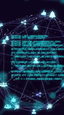 Veri işleme ve siyah arkaplandaki simgelerin üzerindeki dünya bağlantılarının animasyonu. Küresel teknoloji, veri işleme ve dijital arayüz kavramı dijital olarak oluşturulmuş video.