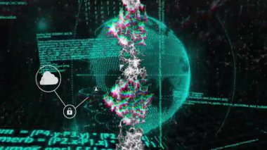 Dünya kod şeklinde dönüyor bulut simgesini başlatıyor ikonları birbirine bağlayıp güvenlik ağı oluşturuyor. Siber uzay, dijital, bağlantı, şifreleme, veri, teknoloji, yenilik