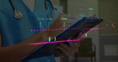 Tıbbi profesyonel not panosu notları, nabız ölçen ve tanı için dinleyen çizelgeler. Sağlık, teknoloji, veri analizi, profesyonel, tanı, dijital, iletişim