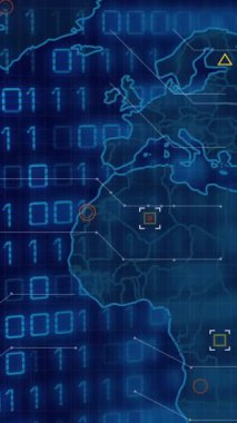 Mavi dünya haritası üzerinde veri işleme animasyonu. Küresel iletişim, iş verileri ve dijital arayüz konsepti dijital olarak oluşturulmuş video.