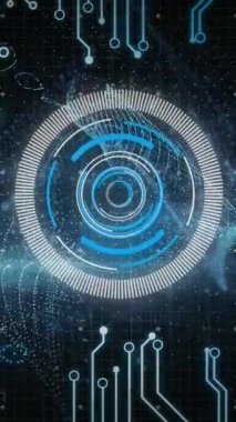 Karanlık arkaplanı tarayan dijital arayüzün animasyonu. Küresel bilim, bağlantılar, veri işleme ve dijital arayüz kavramı dijital olarak oluşturulmuş video.