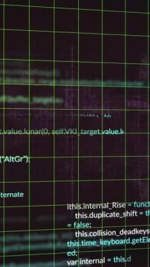 Siyah arkaplan üzerinde şebeke modeli ve bilgisayar dili animasyonu. Dijital olarak üretilmiş, hologram, illüstrasyon, üç boyutlu, kodlama, programlama dili ve teknoloji kavramı.