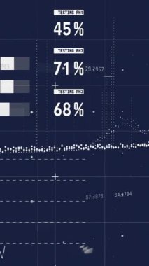 Mavi arkaplan ile ızgara ağı üzerinden istatistiksel veri işleme animasyonu. Bilgisayar arayüzü ve iş veri teknolojisi kavramı