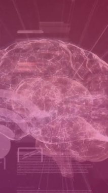 Mor arkaplandaki baloncuğun üzerinde ikonlar ve beyin modeliyle veri işleme animasyonu. Bilim, tıp ve dijital arayüz kavramı dijital olarak oluşturulmuş video.