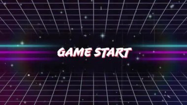 Oyun Başlangıcı grafiği çerçeve başlatma ızgarasına yakınlaştırılıyor neon çizgiler oyun girişi için yanıp sönüyor. Fütürist, neon, dijital, soyut, enerjik, dinamik, dalgın