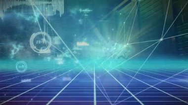 Işık noktaları ağ düğümlerini etkinleştiriyor ve veri bağlantısını göstermek için merkeze doğru çizgiler uzatılıyor. Fütüristik, teknoloji, siber uzay, dijital, soyut, bağlantı, veri