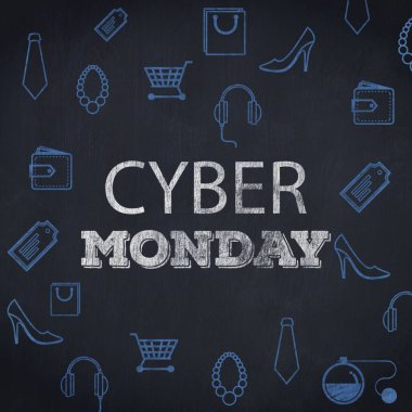 Close-up of Cyber Monday sale sign with various icon