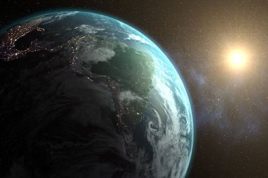 Samanyolundaki parlak güneşe karşı dünya gezegeni