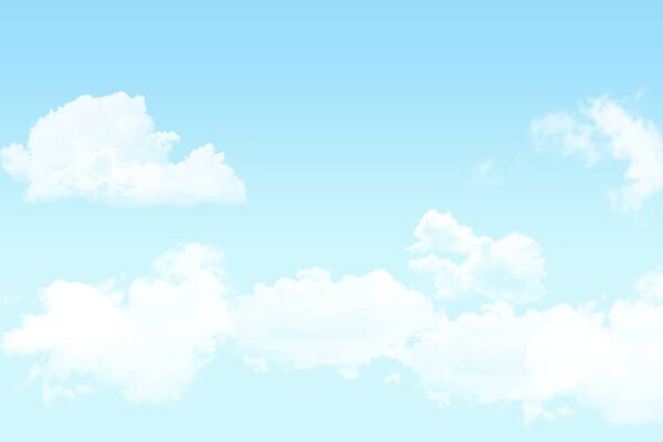 Fluffy cumulus clouds are floating against bright flat design gradient sky, copy space. Airy, serene, minimalistic, atmospheric, scenic, tranquil, naturallight