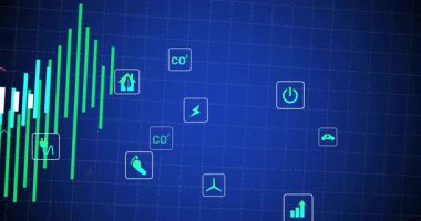 Neon ızgara torpido gözünde karbondioksit ve enerji ölçümlerini vurgulayarak büyüyen ve kayan sağdaki çubuklar var. Çevre, analitik, veri, görselleştirme, sürdürülebilirlik, teknoloji, modern
