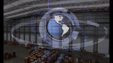 Grafikler dönen dünyayı cisimleştiriyor. Kameralar depoyu gösterirken NEWS halkalarını vuruyor. Küresel, lojistik, endüstriyel, teknoloji, takım çalışması, verimlilik, modern