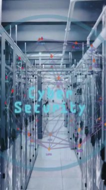 Sunucu odasında veri işleme ve bulut animasyonu. Sosyal medya ve dijital arayüz konsepti dijital olarak oluşturulmuş video.