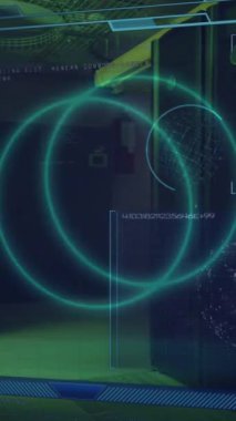 Animation of circles and data processing over server room. Global business and digital interface concept digitally generated video.