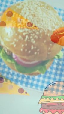 Tabakta hamburger yerine sosisli ve hamburgerli çizim animasyonu. Fast food ve yaşam tarzı konsepti dijital olarak üretilen video.