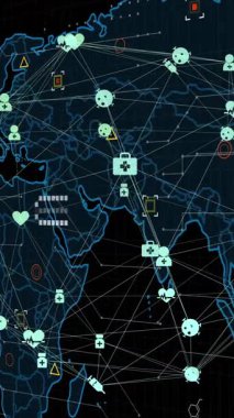 Siyah arkaplana karşı haritada geometrik şekiller üzerinde dünya oluşturan bağlı simgelerin animasyonu. Dijital olarak üretilen, hologram, illüstrasyon, küreselleşme, iletişim ve teknoloji kavramı.