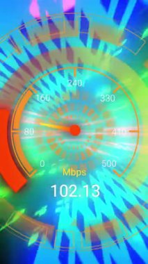 Hız göstergesi ve veri işleme animasyonu. Küresel ağlar, dijital arayüz, hesaplama ve veri işleme kavramı dijital olarak oluşturuldu.