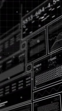 Dönen dünya ve kara fon üzerinde veri işleme arayüzü ve dünya haritasının animasyonu. Bilgisayar arayüzü ve iş teknolojisi kavramı