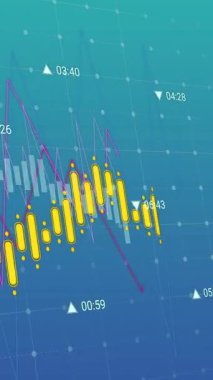 Birden fazla grafiğin animasyonu ve mavi arkaplan ile ızgara deseni üzerinde değişen sayılar. Dijital olarak üretilmiş, hologram, illüstrasyon, rapor, büyüme, üç boyutlu ve iş konsepti.