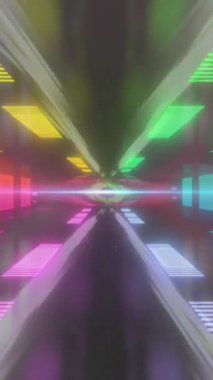 Renkli ışık demetleri ve geometrik şekiller koyu arkaplan üzerinde animasyon oluşturur. Soyut, enerjik, dijital, gelecekçi, neon, dinamik